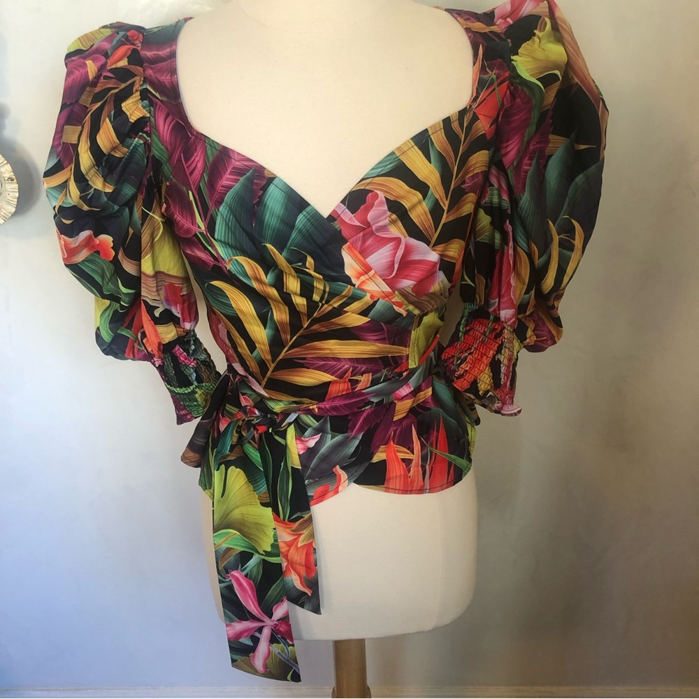 Pastel tropical black,yellow,green,wrap blouse w/puffy short sleeves size Small